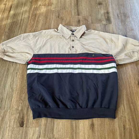 Vtg David Taylor Golf Polo Shirt Mens M Tan/Navy Stripe Banded Waist Pocket Dad - Picture 2 of 8
